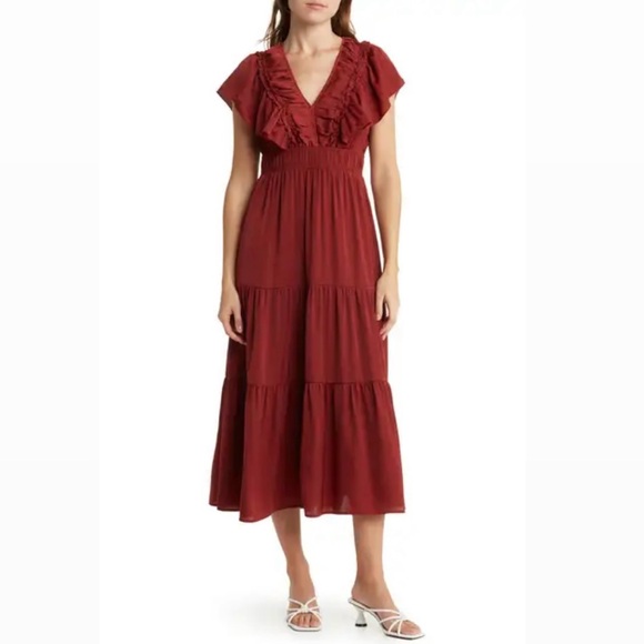 MELLODAY Dresses & Skirts - Melloday Red Maroon Ruffle Tiered Satin Flutter Sleeve Maxi Midi Dress size XL